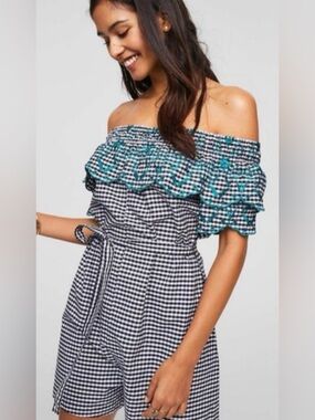 LOFT Black & White Gingham Off-Shoulder Dress with Green Embroidery. Size Medium